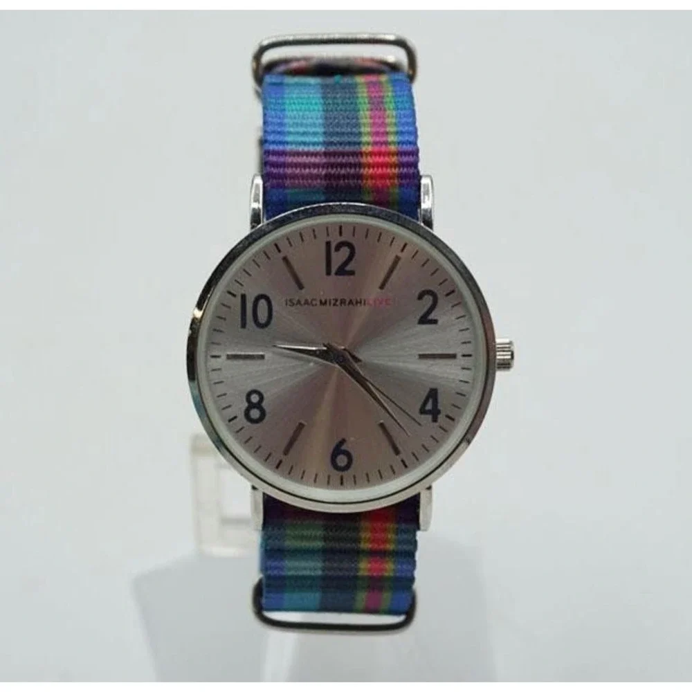 Isaac Mizrahi Live Ladies Analog Quartz Watch Silver Dial Plaid Nylon Strap 38mm